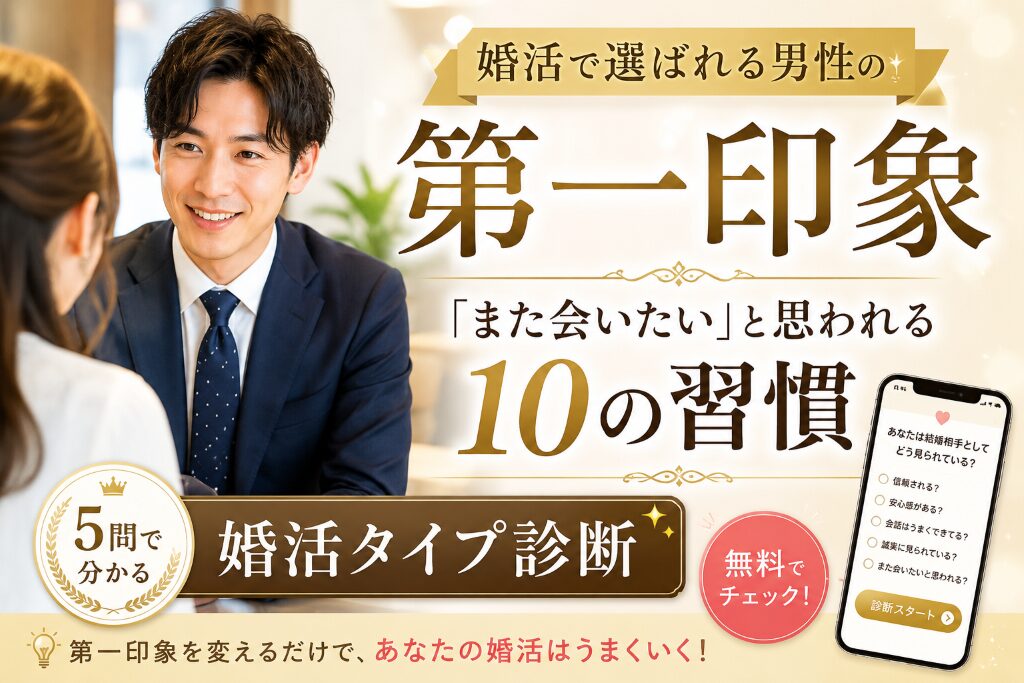 婚活で選ばれる男性の第一印象と婚活タイプ診断を紹介するアイキャッチ画像