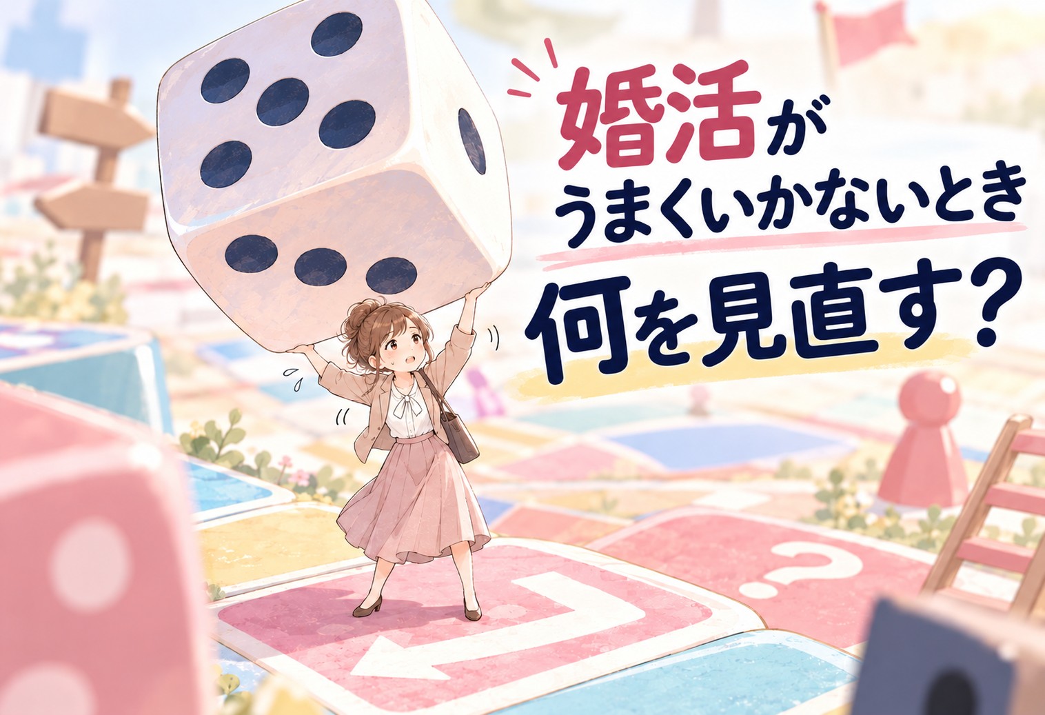婚活がうまくいかず悩む女性が、大きなすごろくの上で巨大なサイコロを持ち上げているイラスト