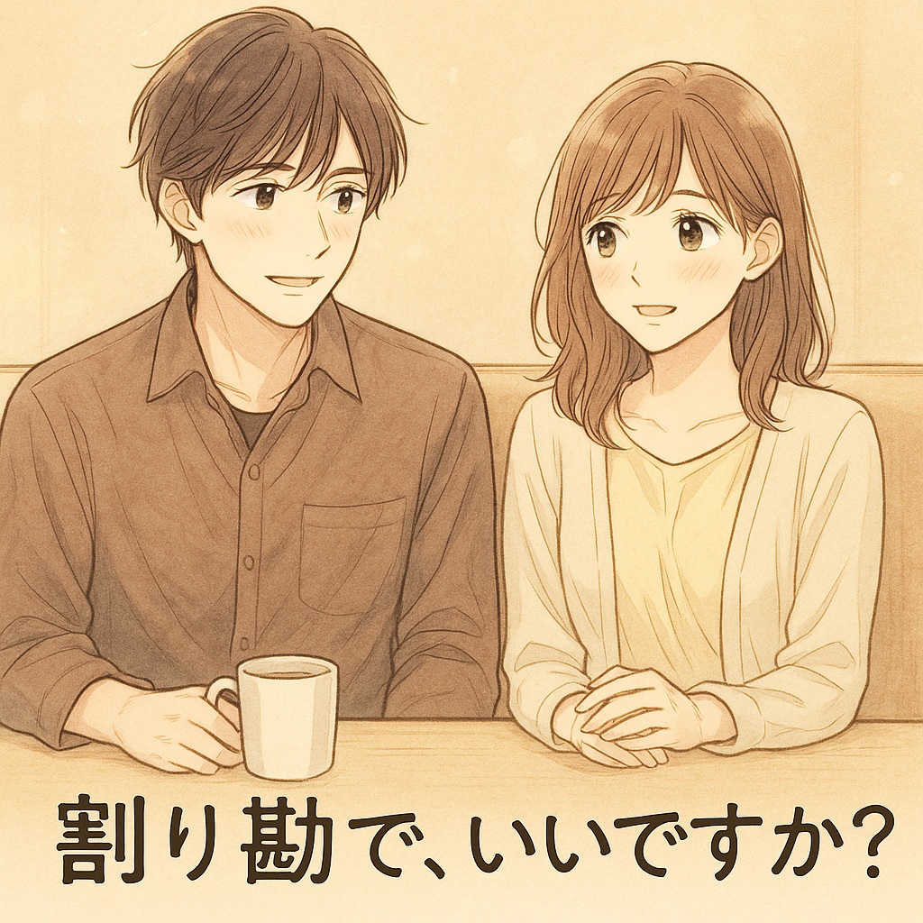 カフェで隣に座る30代男女。笑顔ながら少し気まずそうに視線を交わし、「割り勘で、いいですか?」