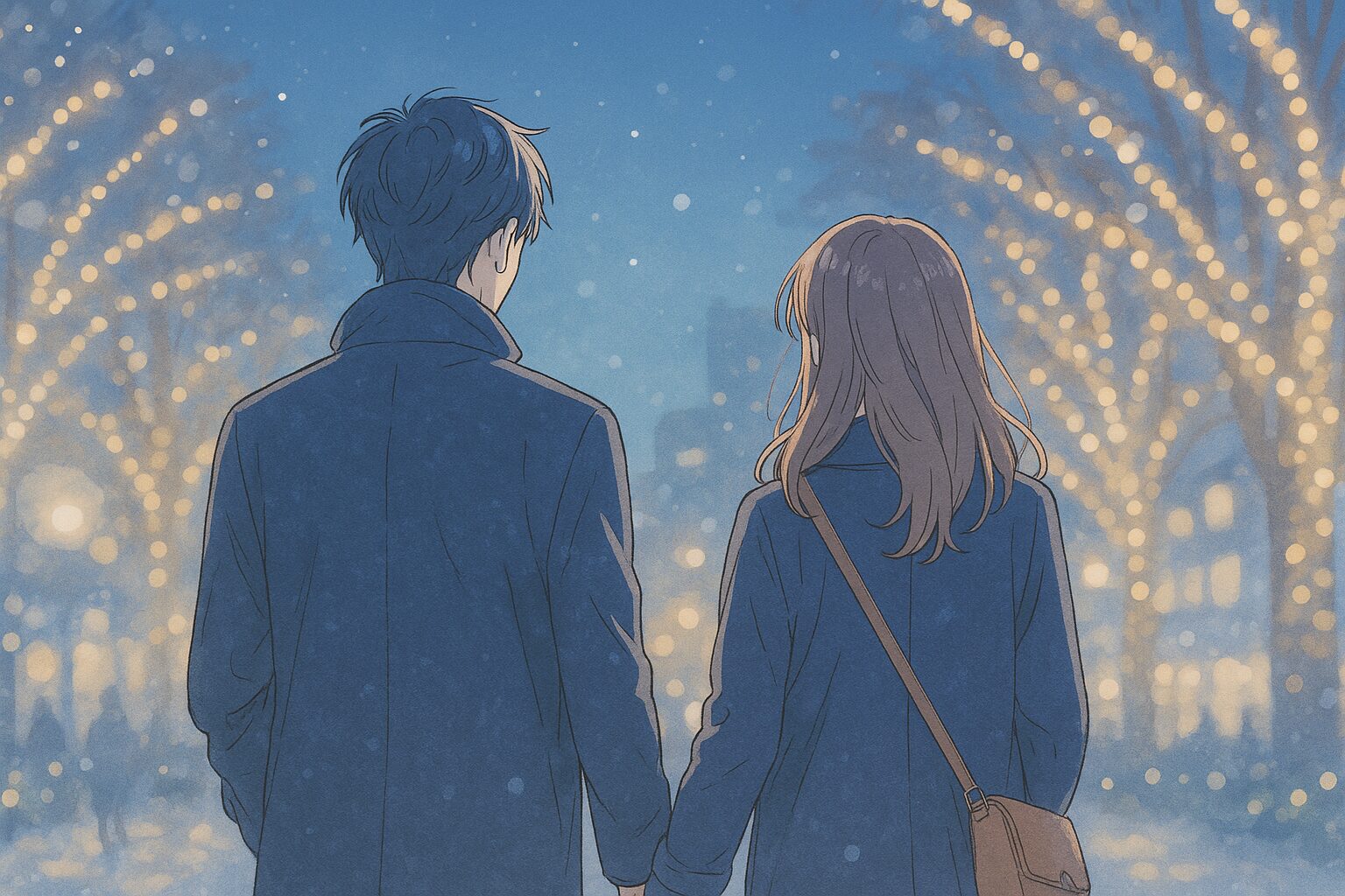 冬のイルミネーションの街を歩く男女の後ろ姿。透明感のある夜景と柔らかい光の玉ボケが、静かで落ち着いた婚活の季節感を表現しているイラスト。