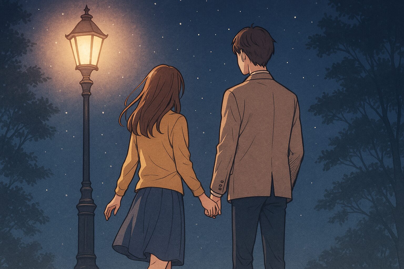 夜の街灯の下、男女が並んで歩き出そうとしている後ろ姿。婚活を始める一歩を象徴する詩的なイラスト