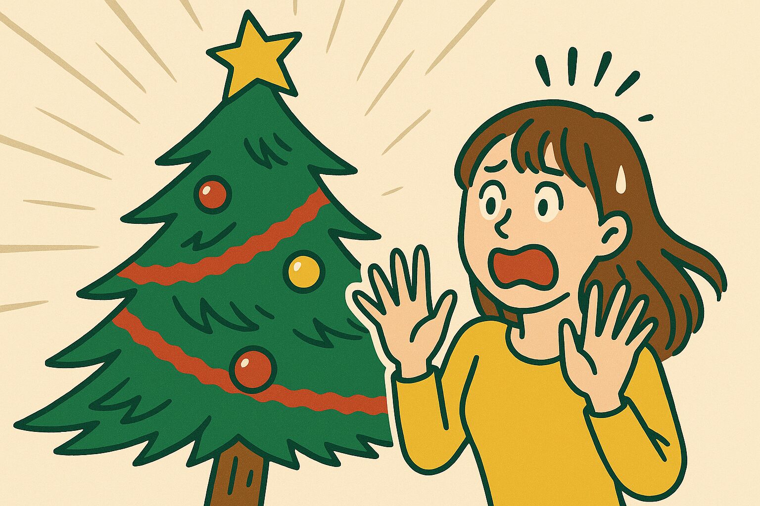 驚いた表情の女性が、迫りくる巨大なクリスマスツリーを見上げて立ちすくむイラスト。 クリスマスのプレッシャーと婚活シーズンの焦りを風刺的に描いた作品。