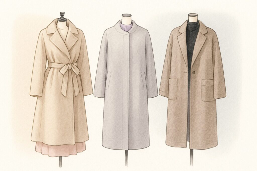 婚活ファッション冬コーデのトルソー3体。左はベージュのAラインコート、中央はグレーのIラインコート、右はグレージュのチェスターコート。骨格タイプ別・パーソナルカラー別に合わせたアウターコーデの比較イラスト。
