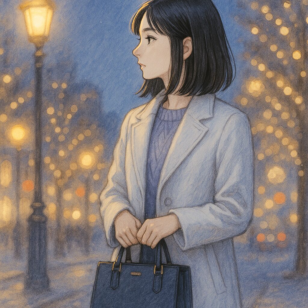 冬のトワイライトの街角で、白いコートを着た女性がラベンダーのニットを覗かせながら、スクエアバッグを前に持ち、街灯の明かりを背景に遠くを見つめている。透明感のある少女漫画風イラスト。