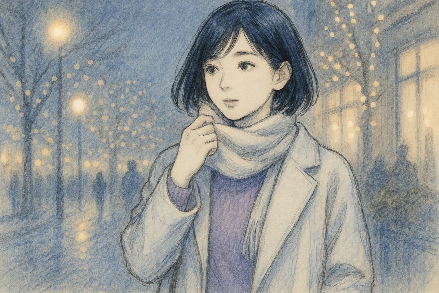 冬の黄昏時の街角で、白いコートを着た女性がラベンダーのニットを覗かせながら、スクエアバッグを前に持ち、街灯の明かりを背景に遠くを見つめている。透明感のある少女漫画風イラスト。