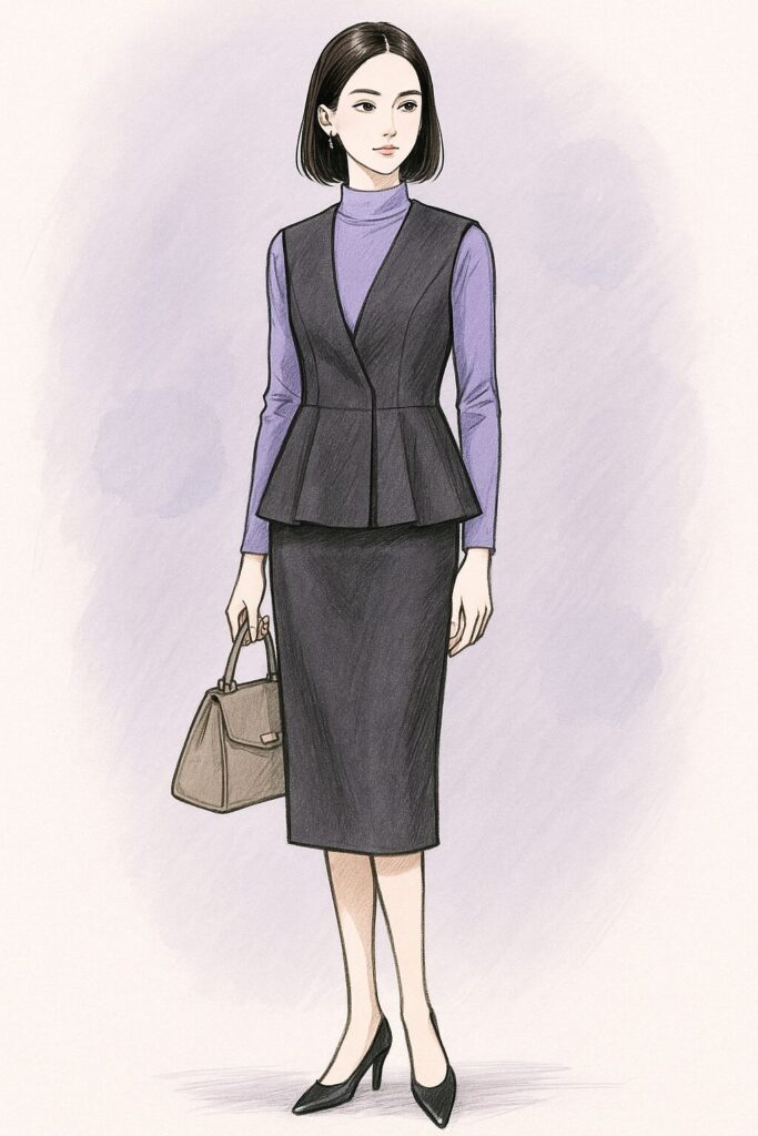 ブルベ冬・骨格ストレート女性の冬婚活コーデ一例。チャコールグレーのペプラムジレセットアップに、ラベンダーのハイゲージニットを合わせた上品で知的なスタイル。お見合いや婚活シーンにふさわしい都会的フェミニンファッションイラスト。