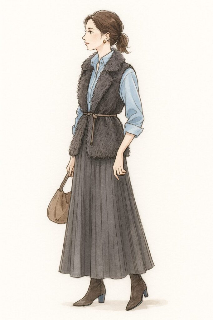 ブルベ夏・骨格ナチュラル女性の冬婚活コーデ一例。ペールブルーのシャツにライトチャコールのマキシ丈プリーツスカートを合わせ、黒のショートブーツで全体を引き締めた上品なスタイル。柔らかいトーンで統一された清潔感とこなれ感を両立する婚活ファッションイラスト。