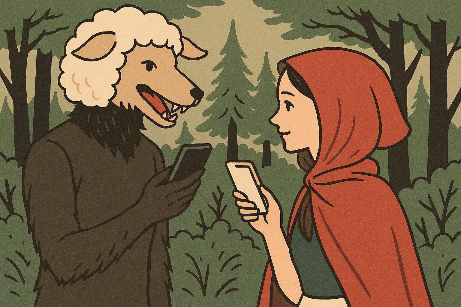 森の中で、羊の被り物をした狼の男性と赤ずきんの女性がマッチングしているイラスト。表面上は穏やかだが、男性の手は狼の爪で、潜む危うさを暗示している。婚活アプリにおける“誠実そうな仮面”を風刺的に描いた。