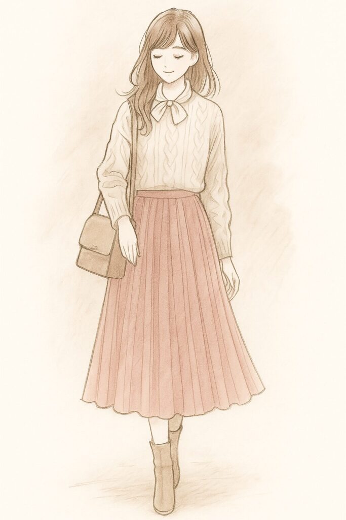 イエベ春・骨格ウェーブ女性の冬婚活コーデ一例。オフホワイトのリボンタイブラウスに、サーモンピンクの光沢フレアスカートを合わせた柔らかく華やかなスタイル。淡いトーンと軽やかな素材感が好印象を与える婚活ファッションイラスト。
