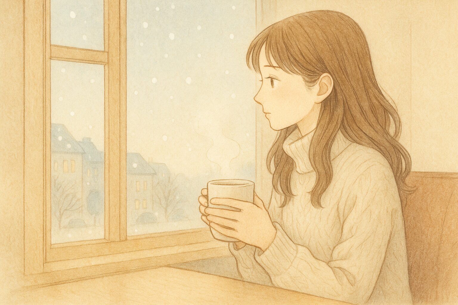冬のカフェで窓の外の雪を眺めながら温かい飲み物を持つ女性のイラスト。穏やかな12月の雰囲気を表現。