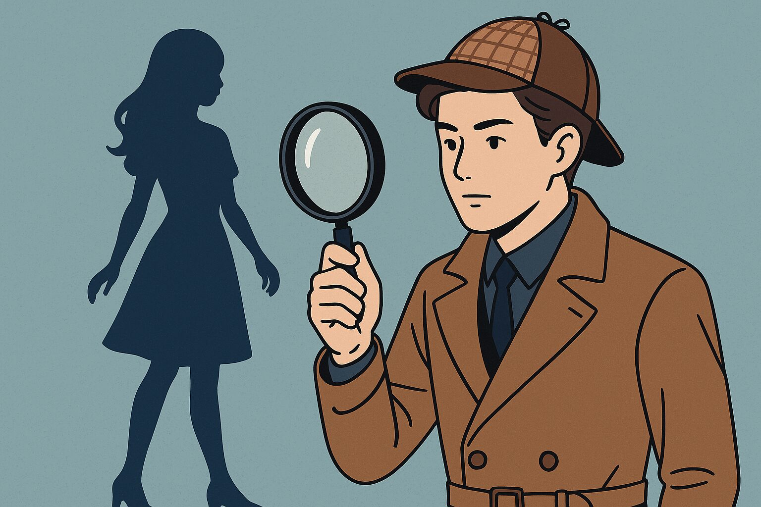 女性のシルエットを背景に、男性が虫眼鏡を手にこちらを見つめる探偵風のイラスト。恋愛で“女性を見る目”を象徴したビジュアル。