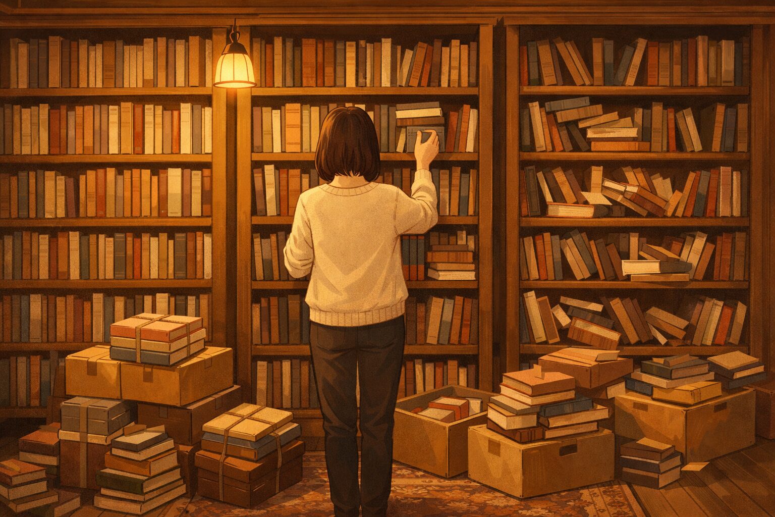 木製の書架の前で背中を向け、これまで集めた本を整理しながら棚卸しをしている人物のイラスト