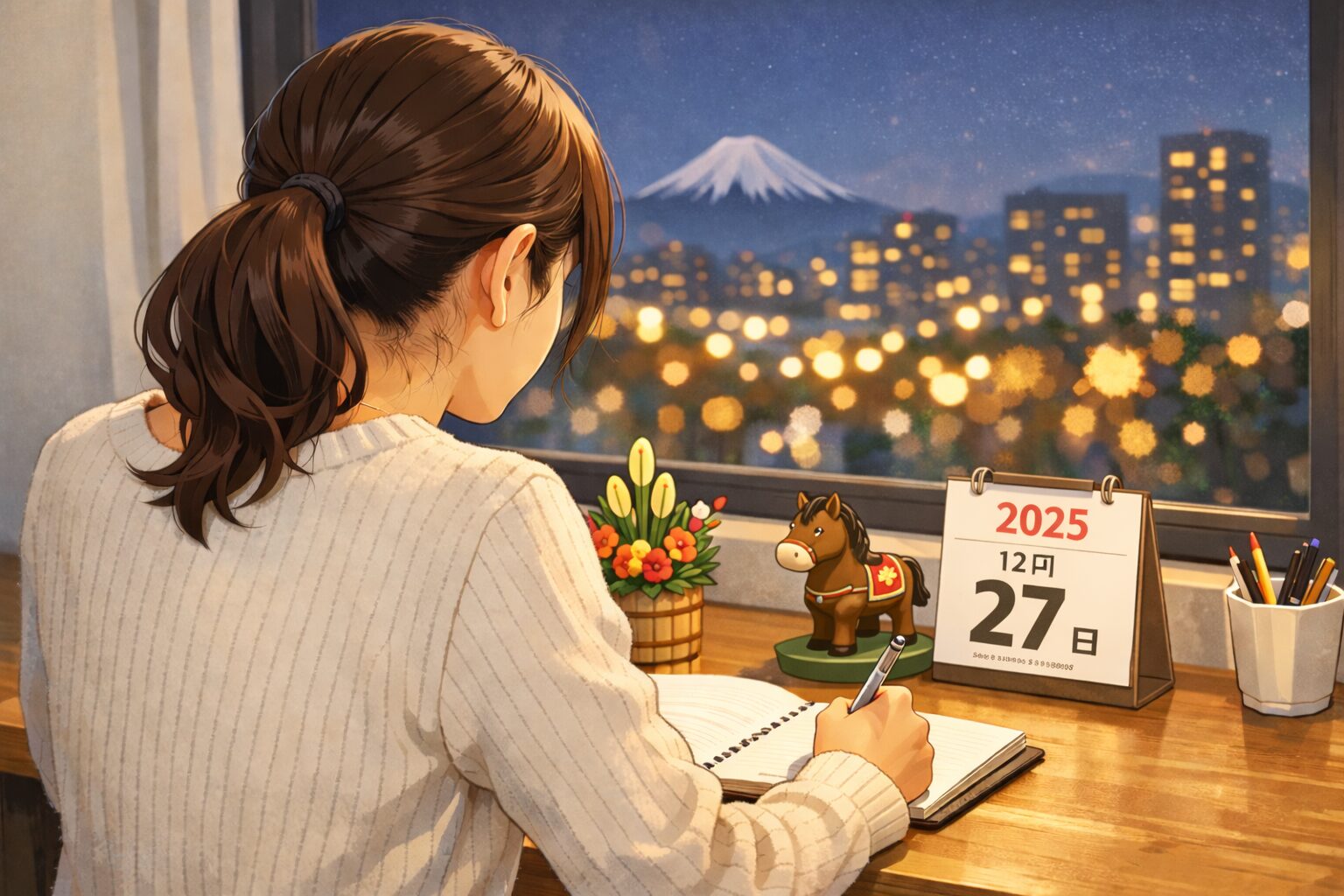 2025年末、婚活を振り返り次の年に備えて整理する女性のイラスト