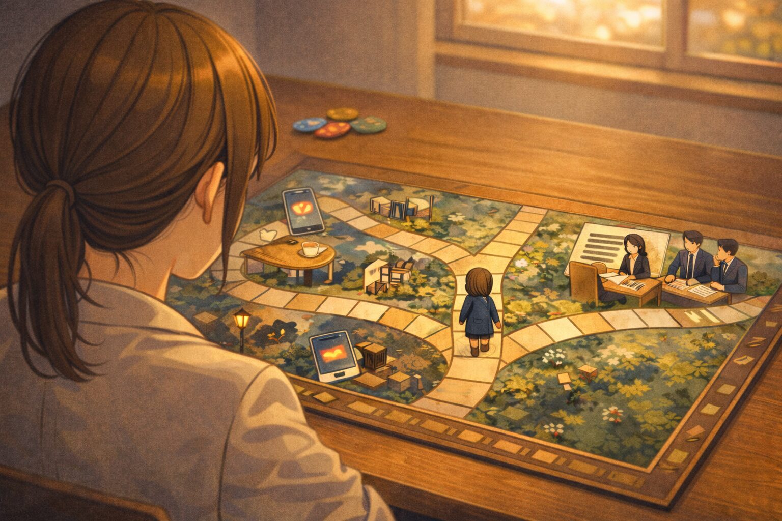 結婚相談所が向いているか迷う人が婚活の進め方を考えるボードゲーム風イラスト