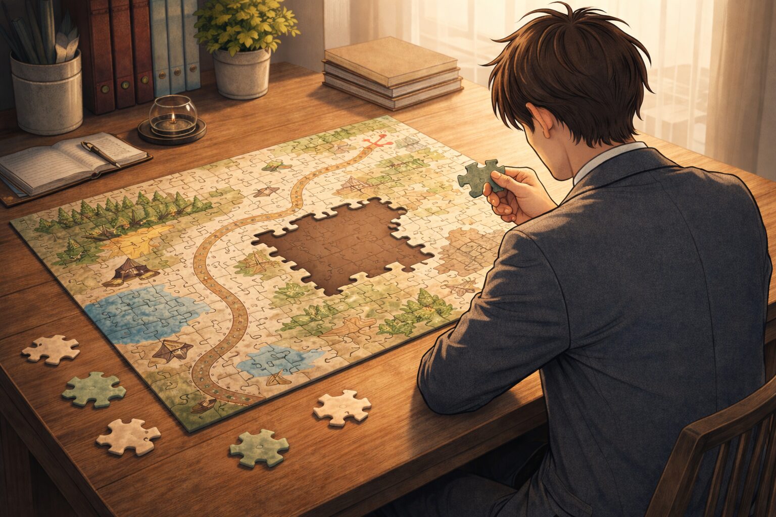 完成していない地図のパズルを前に、人生の進み方を考えて立ち止まる大人の後ろ姿のイラスト