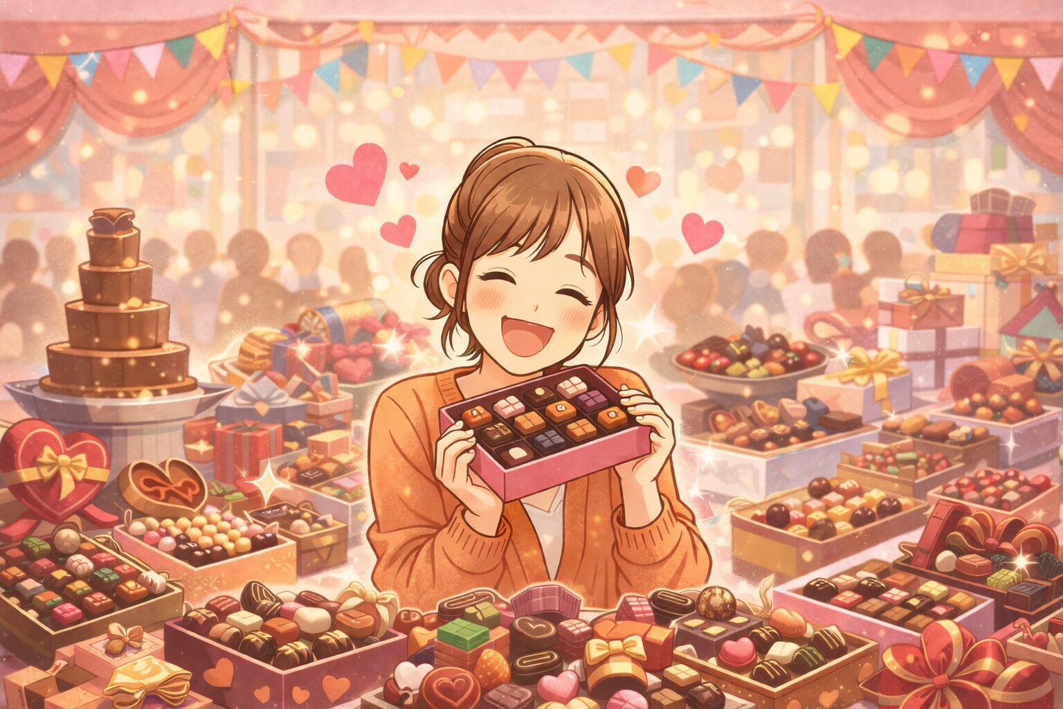 チョコレートの祭典でたくさんのチョコレートを楽しむ女性のイラスト