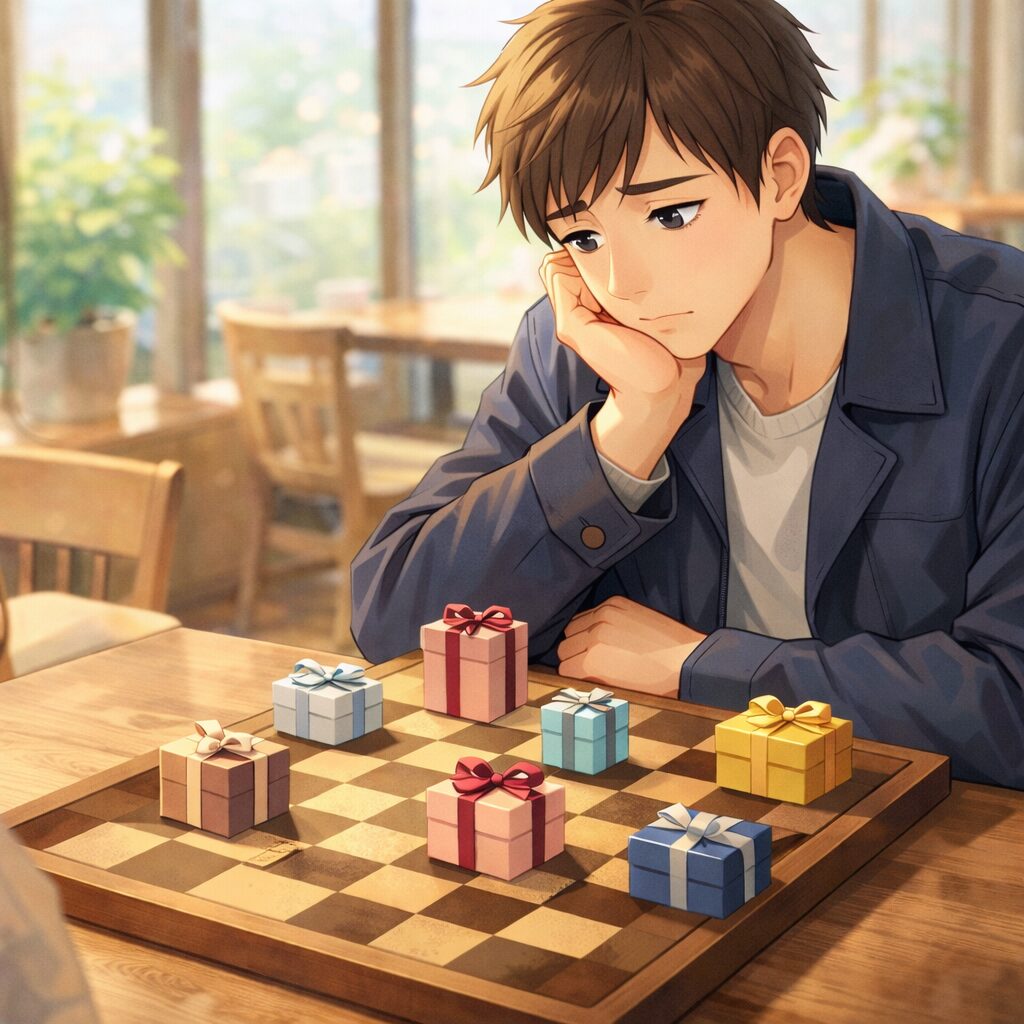 ホワイトデーに向けて贈り物を盤上で考える婚活男性のイラスト