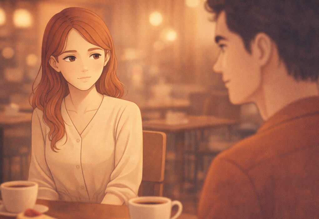 婚活デートで向かい合う男女。女性は微笑みながらも少し考えている表情をしている