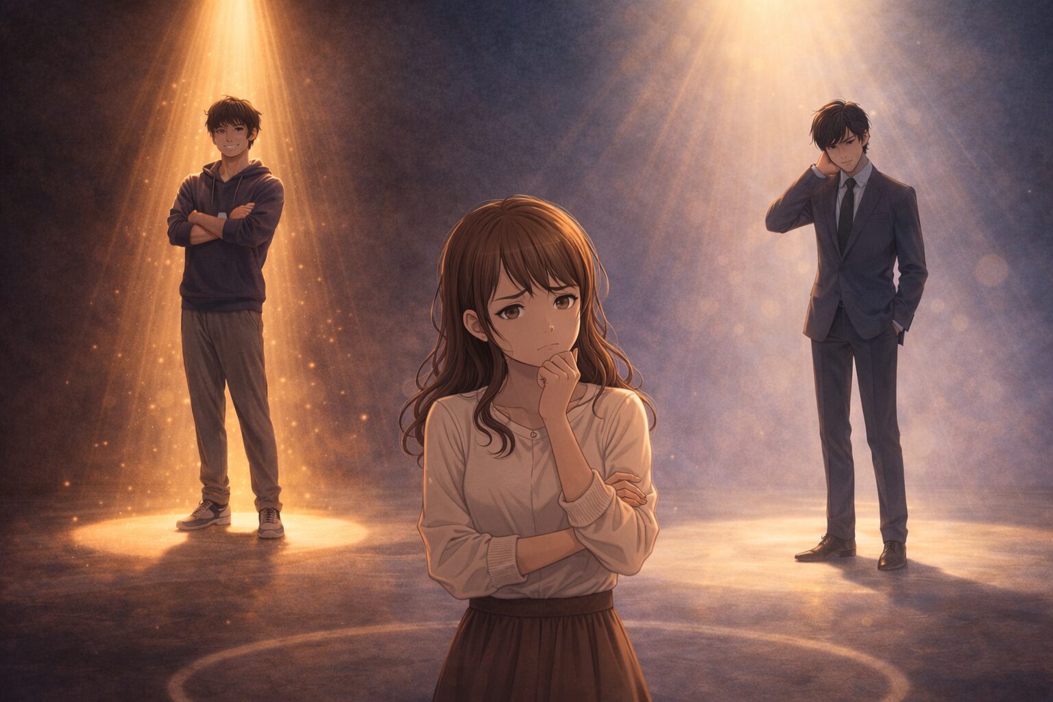 スポットライトに照らされた二人の男性を前に、どちらにも入らず悩む女性の構図。狭く強い光と広くぼんやりした光の対比で、極端な婚活戦略を表現したイラスト。