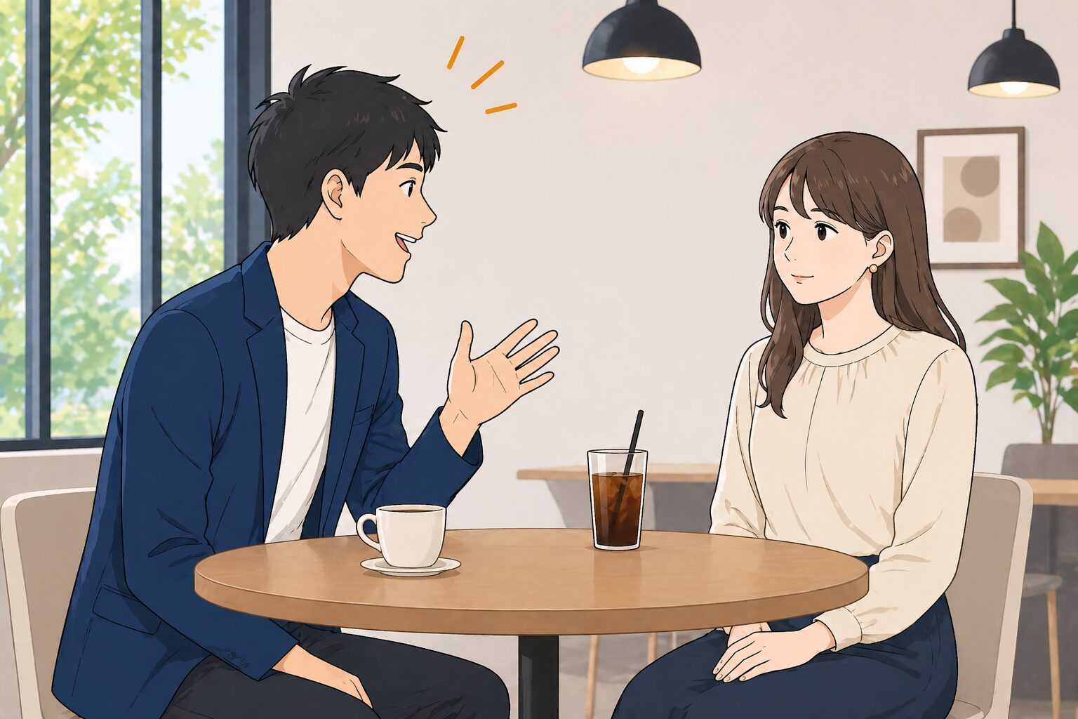 婚活デートで男性は前向きに話しているが、女性は距離を保ちながら聞いているイラスト（合意と同調のズレを表現）