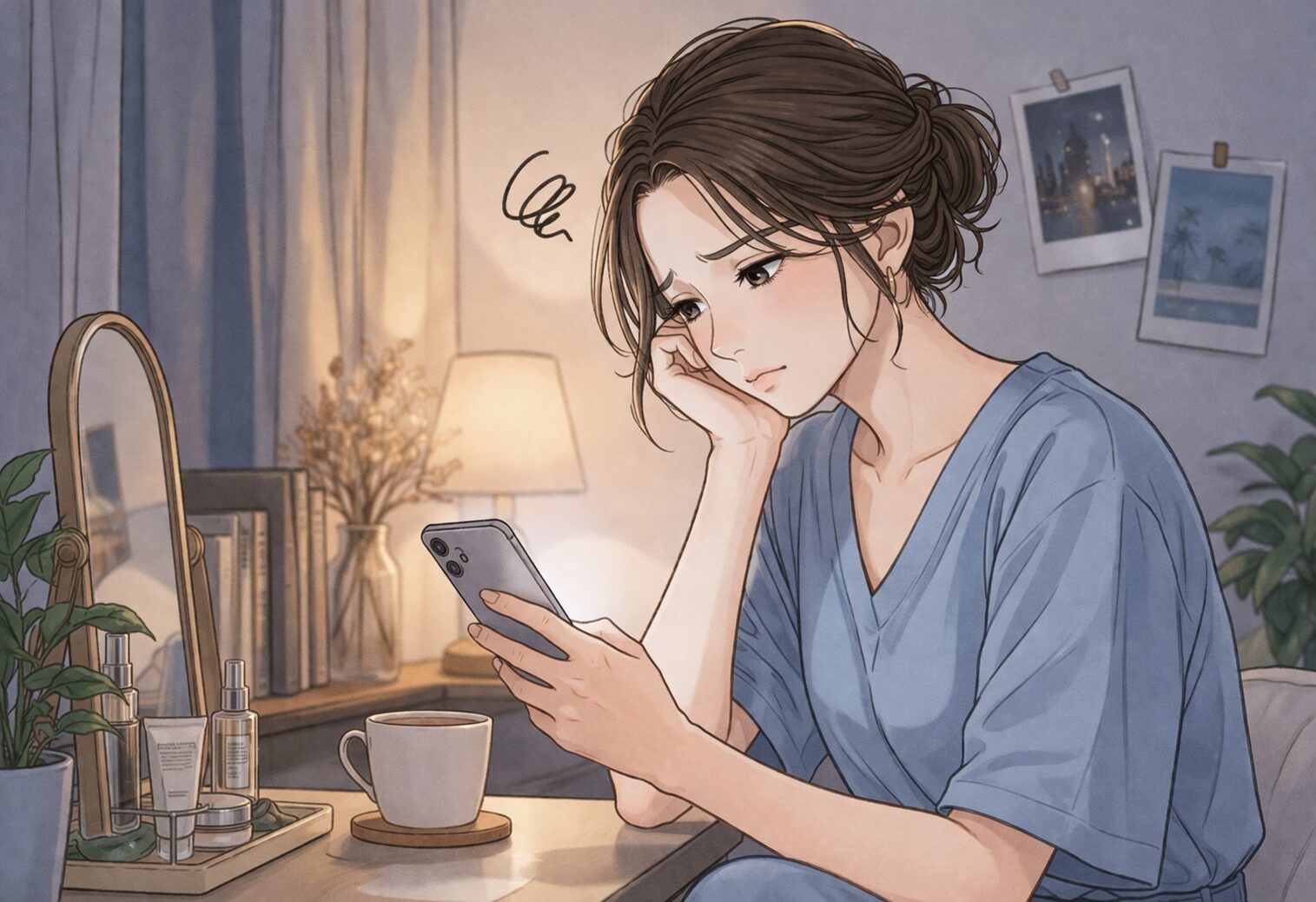 婚活がうまくいかずスマホを見ながら悩む女性（夜の部屋・環境の影響を考える様子）