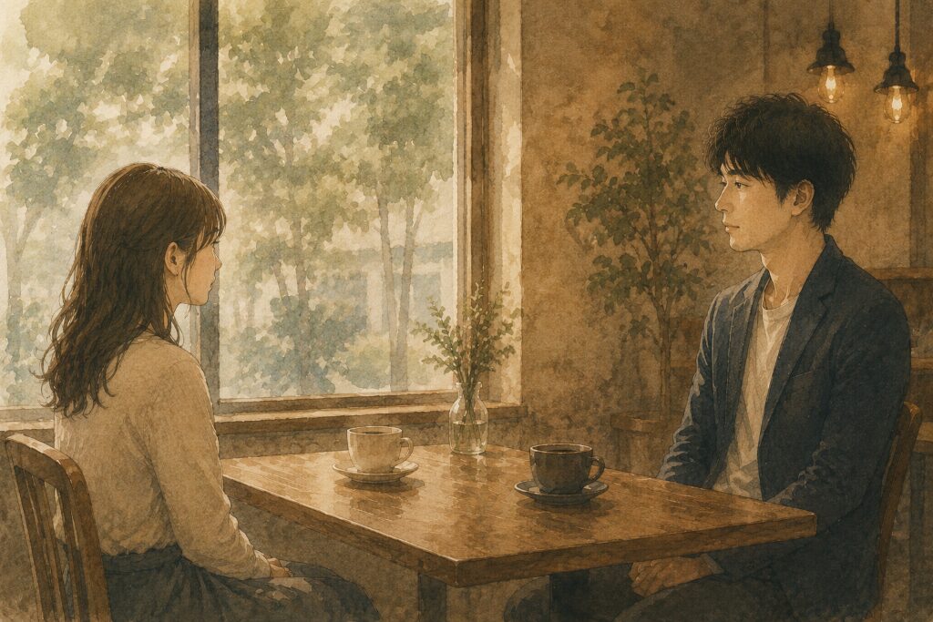 カフェで向かい合う男女の距離感を描いた婚活イメージイラスト