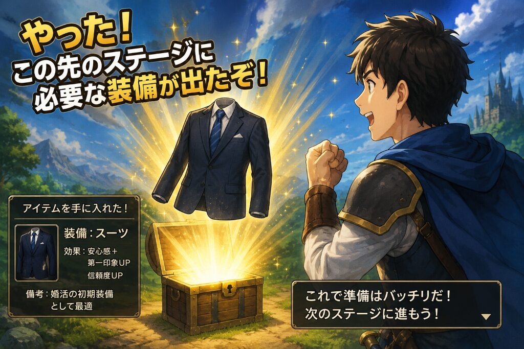 RPG風の宝箱からスーツを入手して喜ぶ男性のイラスト｜婚活初期の“装備”を表現