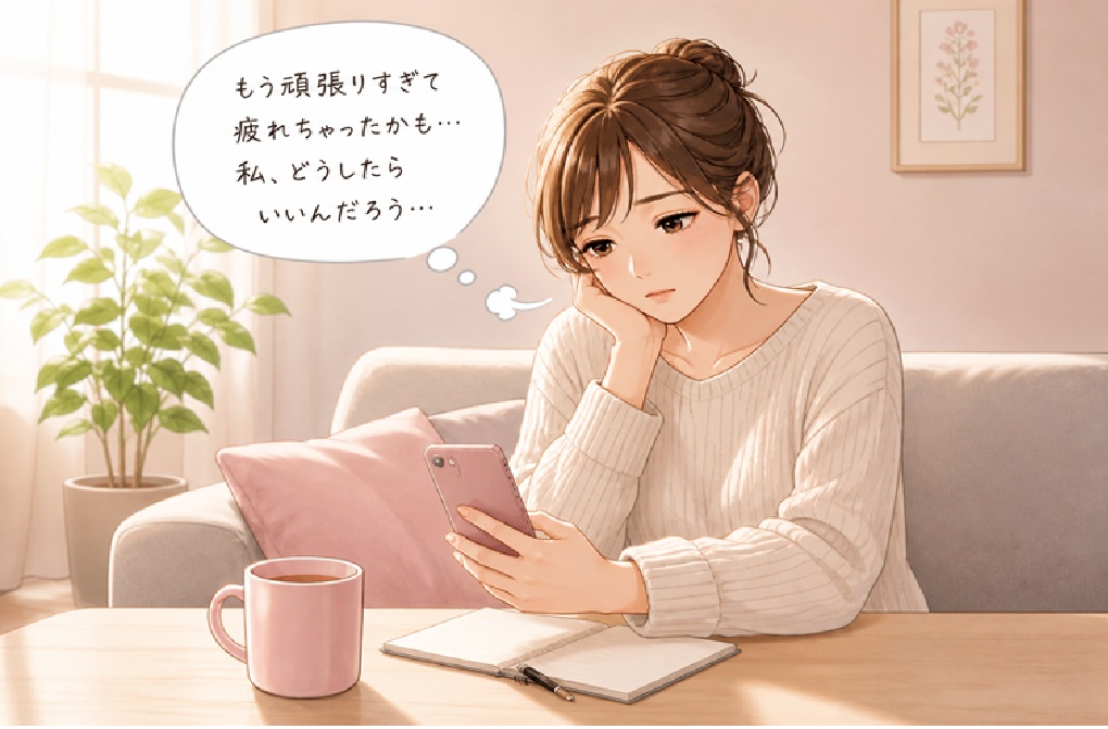 婚活に疲れてスマホを見ながら悩む女性