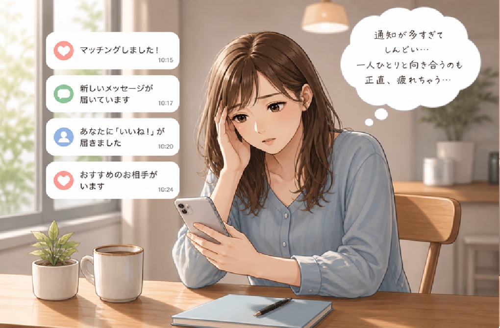 マッチングアプリの通知に疲れて悩む女性