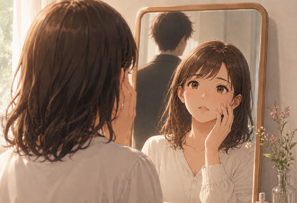鏡を見て、自分も完璧ではないと気づく女性のイメージ