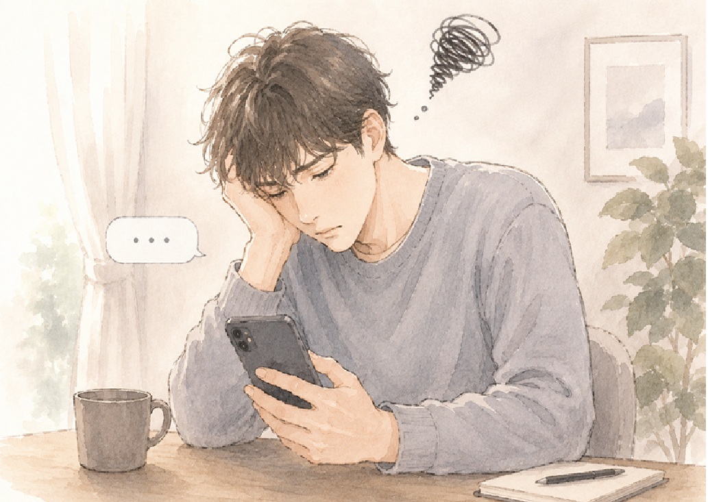 婚活LINEに疲れてスマホを診断する医者風イラスト