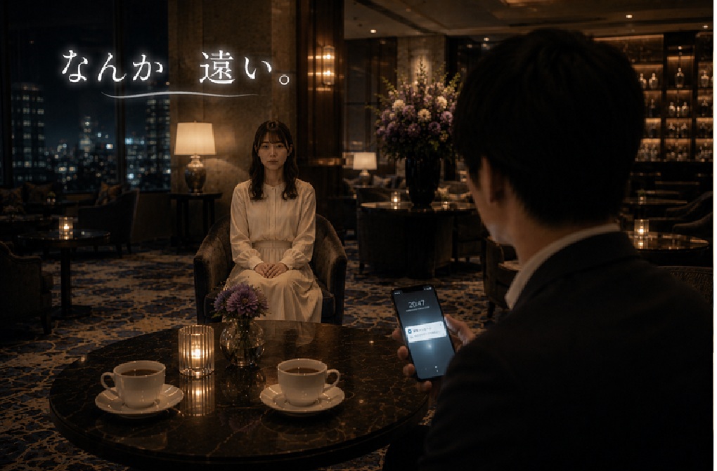 婚活の初デート中、スマホを見る相手との距離感に違和感を覚える男性のイラスト