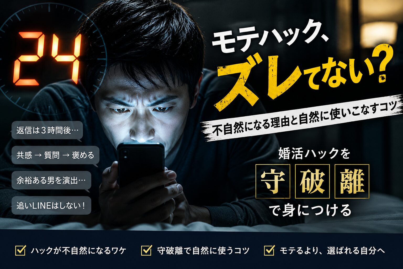 スマホに張り付きながら婚活ハックを調べる男性。返信時間や余裕感など、“モテテクのズレ”をテーマにした婚活ブログのアイキャッチ画像。