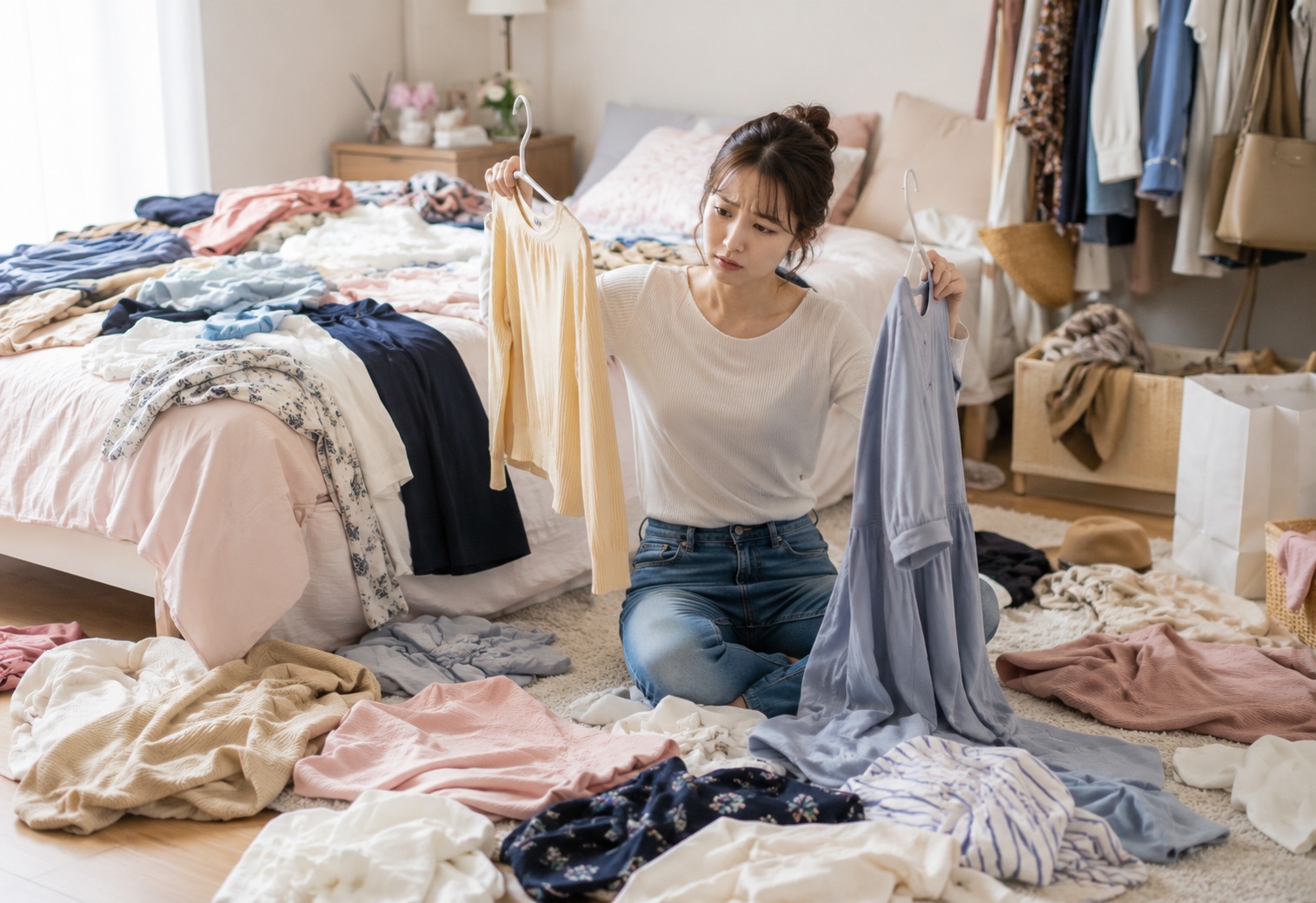 鏡を見ながら悩む女性