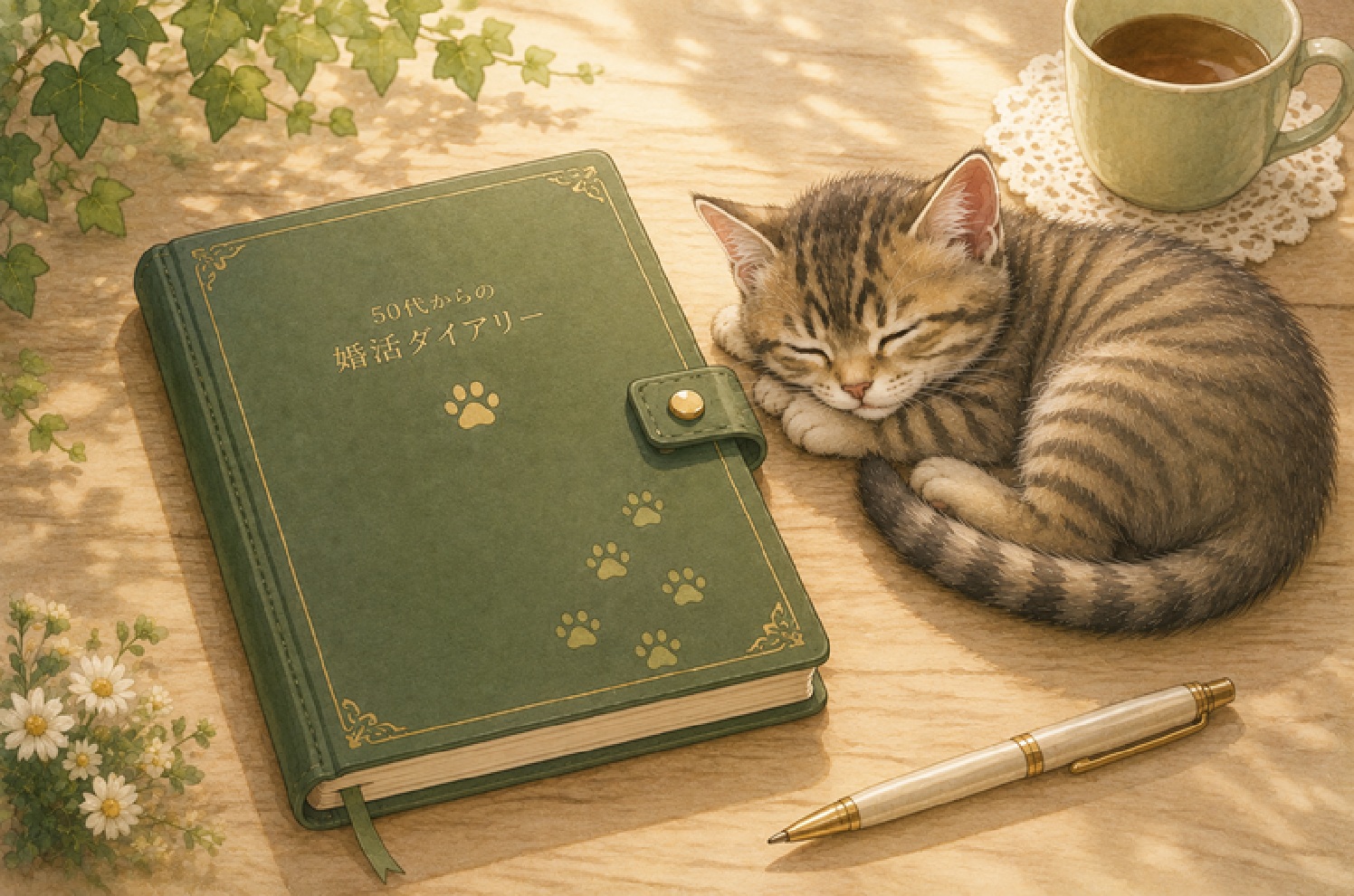 緑のダイアリー帳の横で眠る子猫