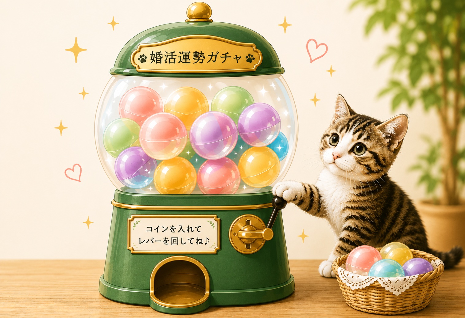 子猫がレバーを回す婚活運勢ガチャポン