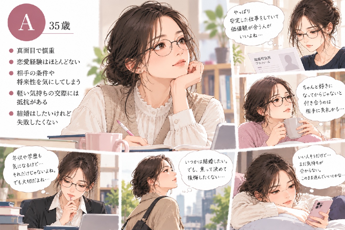恋愛に慎重で、相手の条件や将来性も気になる35歳のAさん