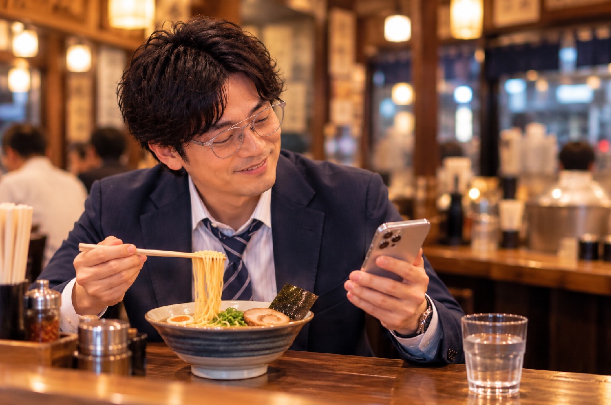 仕事帰りにラーメンを食べながらスマートフォンを見る男性