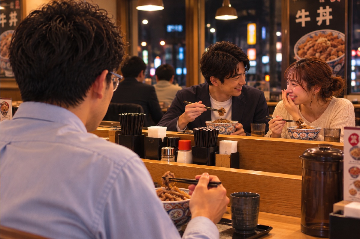 夜の牛丼店で、仲の良いカップルを見かける男性