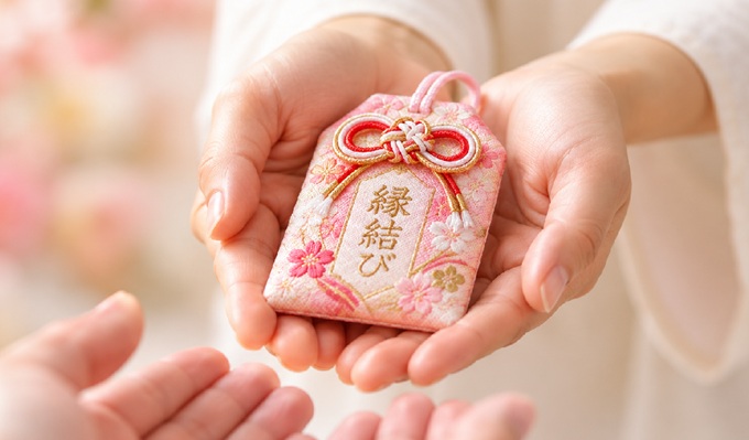 縁結びのお守りを手渡す様子
